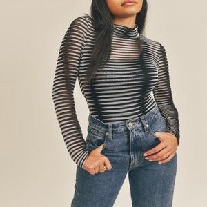 Striped Long Sleeve Mesh Bodysuit Top
